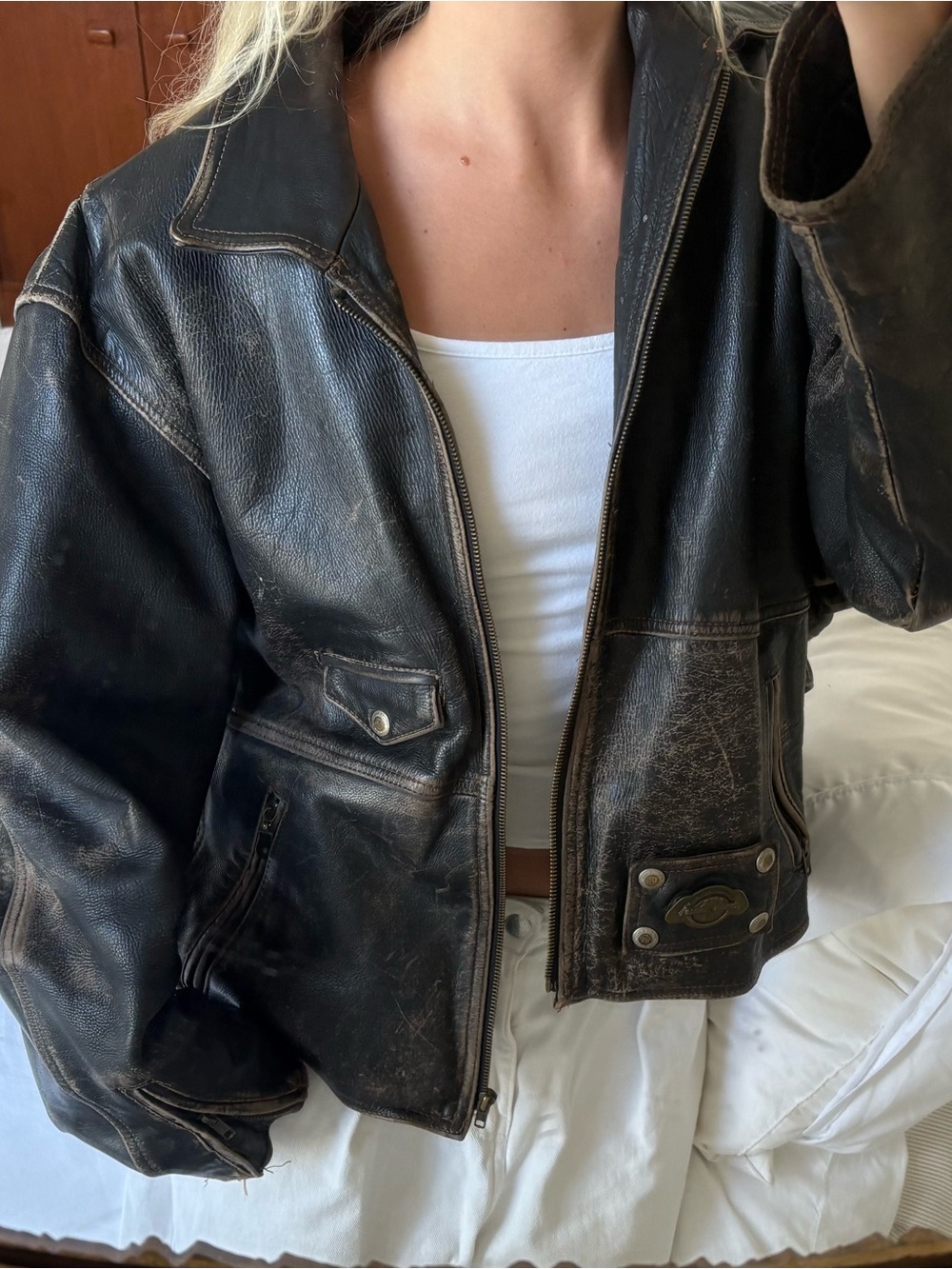 Vintage distressed Black / brown 100% genuine Leather Bomber Jacket